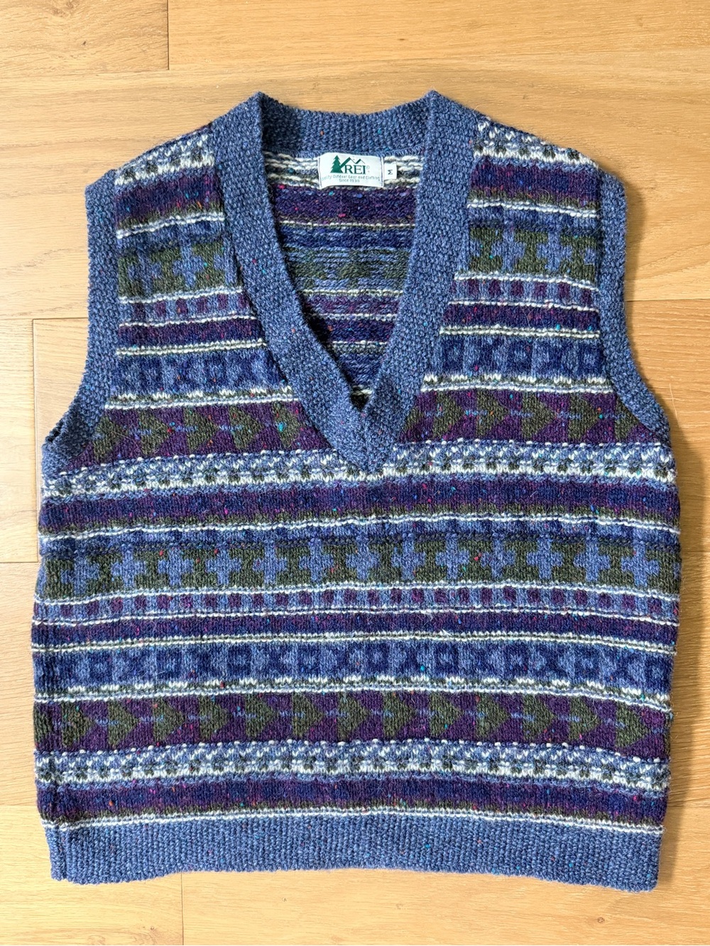 VTG 80s REI Fair Isle Wool V-Neck Sweater Vest Academia Preppy Outdoor Blue M